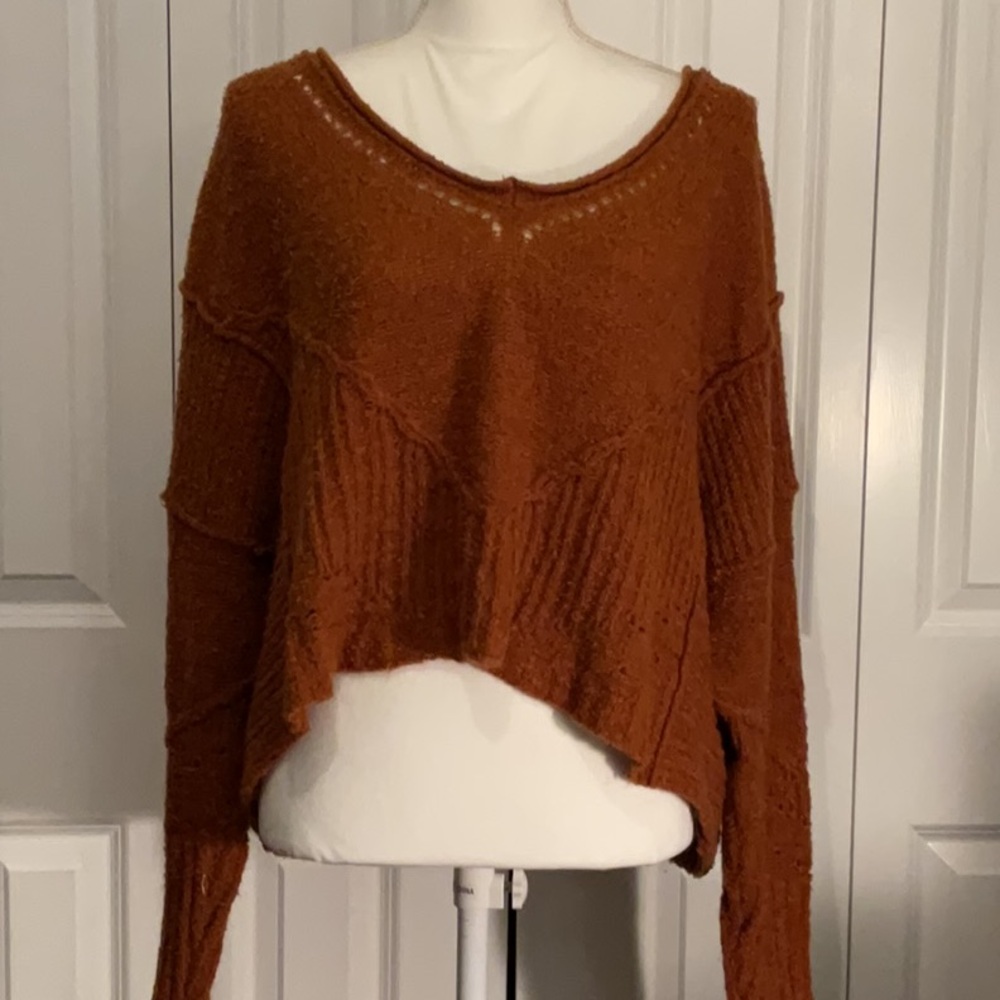 Free People Brown V-Neck Sweater with Relaxed Fit